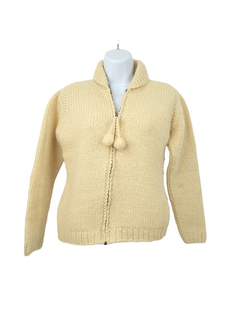 J.Crew Full Zip Sweater Womens S Cream Knit Wool Pom Pom Vintage Chunky Cardigan